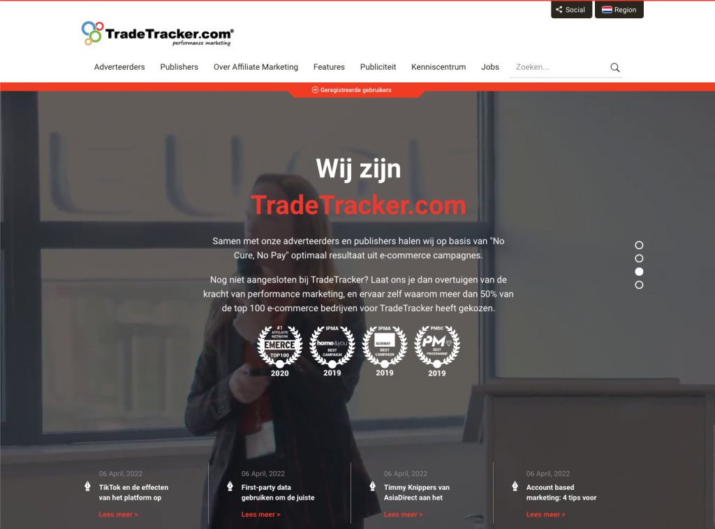 screenshot van de homepagina van affiliate netwerk tradetracker