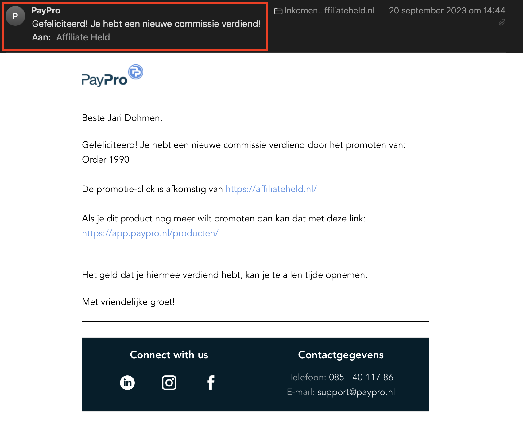 PayPro Mail Gefeliciteerd Commissie verdiend