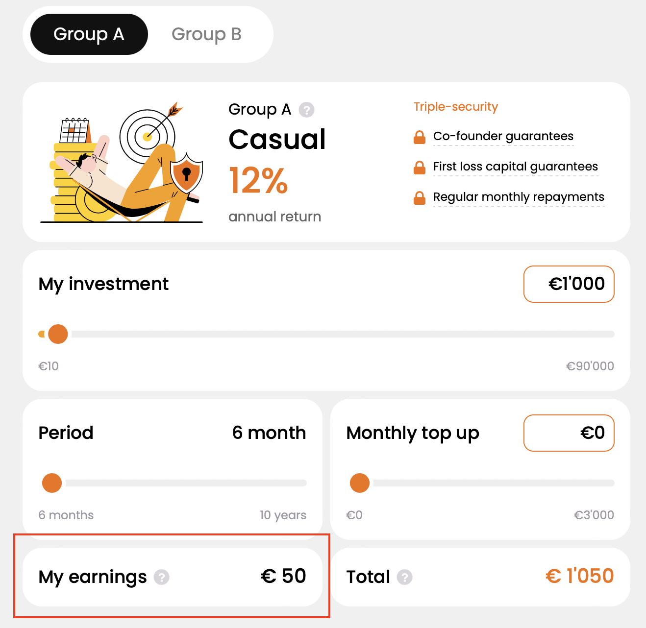 Investering calculatie van ScrambleUp.com bij een investering van €1000,-